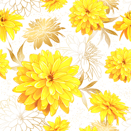 Seamless pattern with flowers of Rudbeckia Laciniata, also called Golden Ball on a white background with sequins. Hand drawn sketch. Template for floral textile design, paper, wallpaper, web.のイラスト素材