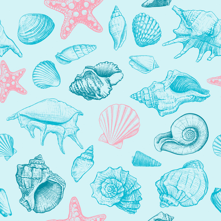 Seamless pattern with seashells different shapes and starfish on a blue background. Hand drawn sketch. Vector illustrationのイラスト素材