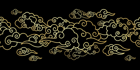 Seamless border with Golden Chinese clouds different shapes on a black background. Template for oriental art decoration.のイラスト素材