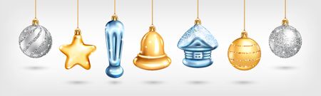 Set of realistic glass Christmas tree toys. Decoration in the shape of a star, ball, house, bell. Vector illustration. Element for New Years Designのイラスト素材