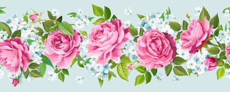 Vintage floral seamless border with flowers of pink Roses and tender Phloxes, buds, greenery isolated on a light background. Vector illustrationのイラスト素材