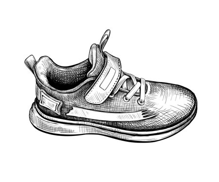 Hand drawn sketch of one sneaker Isolated on a white background. Concept of comfort sport shoes in modern casual style. Side view. Vector illustrationのイラスト素材