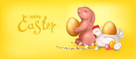 Holiday vector illustration with cute chocolate Easter Bunny, ceramic figurine Chicken, painted golden Easter eggs, willow twigs. Horizontal banner with inscription Happy Easter on a yellow backgroundのイラスト素材