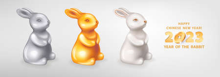 Set of three figurines cute Rabbits different colors. White ceramic, silver and golden metal. Rabbit is a symbol of the 2023 Chinese New Year. Vector illustration of decorative zodiac sign of rabbitのイラスト素材