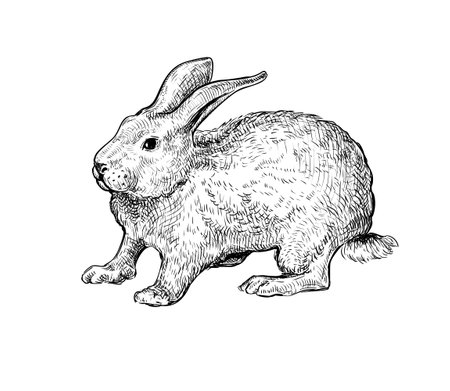 Hand drawn black ink sketch of Rabbit isolated on white background. Vector illustration of Rabbit - symbol of 2023 Chinese New Year. Vintage engrave of Hare. Cute Easter Bunnyのイラスト素材