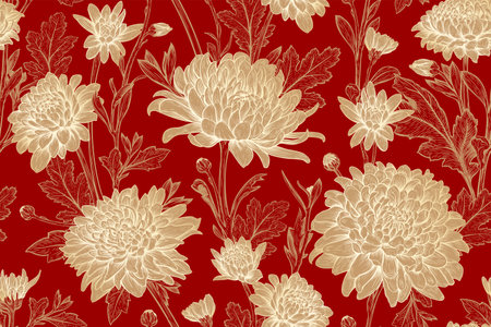 Beautiful seamless pattern with hand drawn golden flowers of Chrysanthemum and leaves on a dark red background. Vector illustration of Chrysanthemum. Floral elements for textile designのイラスト素材