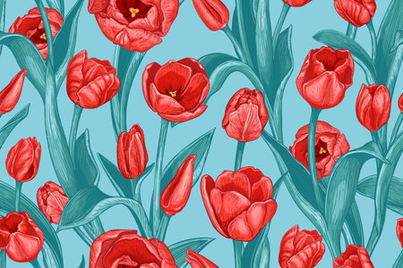 Beautiful seamless pattern with hand drawn red Tulip flowers on a blue background. Vector illustration of spring Tulips. Blooming flowers and leaves. Floral elements for textile designのイラスト素材
