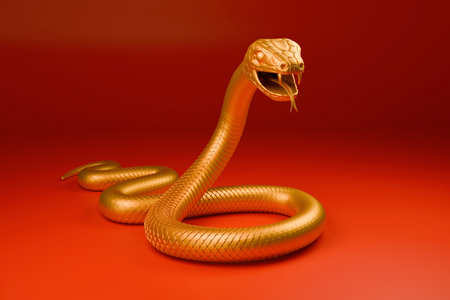Snake is a symbol of the 2025 Chinese New Year. 3d render illustration of Golden Snake on a red...