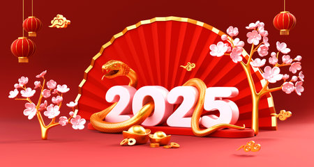 Snake is a symbol of the 2025 Chinese New Year. 3d render illustration of Snake writhing around the numbers 2025, gold ingot Yuan Bao, lanterns, coins and sakura flowers. Concept lunar calendarの写真素材