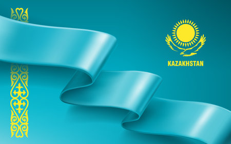 Waved silk ribbon on a blue background with a traditional kazakh ornament. The sun and the eagle are the symbol of Kazakhstan. Background for greeting card of national holidays in Kazakhstanのイラスト素材