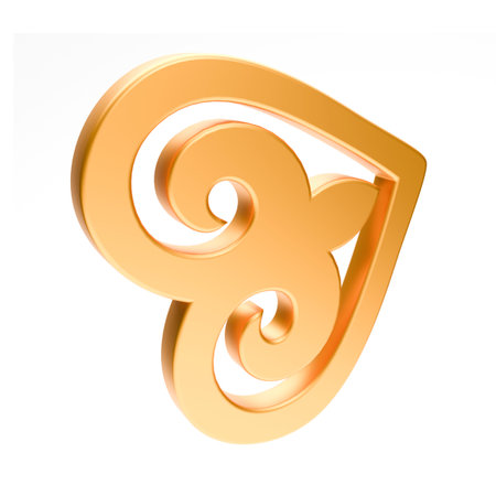 Realistic illustration of shiny golden heart with kazakh ornament isolated on white background. Symbol of love, romantic and Wedding. 3d rendering of heart shapeの写真素材