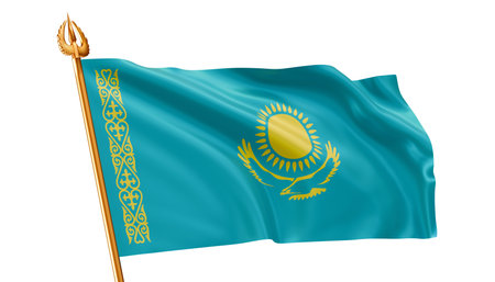 3D render illustration of waving National Kazakhstan flag on a white background. Yellow sun, eagle and traditional kazakh ornament. Flag of Republic of Kazakhstan. Symbol of independence, patriotismの写真素材