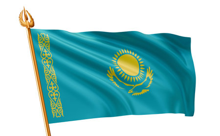 3D render illustration of waving National Kazakhstan flag on a white background. Yellow sun, eagle and traditional kazakh ornament. Flag of Republic of Kazakhstan. Symbol of independence, patriotismの写真素材