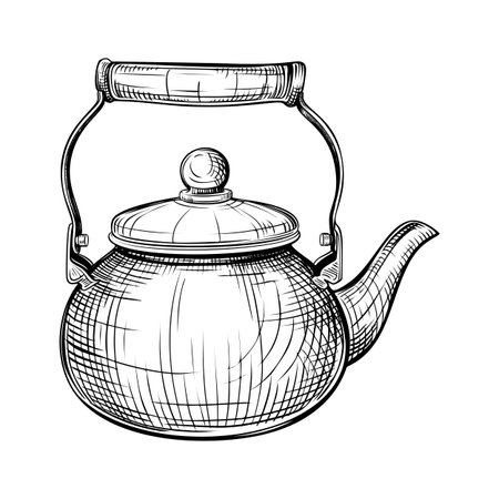 Tea kettle. Vector hand drawn illustration of teapot in engraved style. Metal and enameled household kitchen utensils. Black and white sketch isolated on white backgroundのイラスト素材