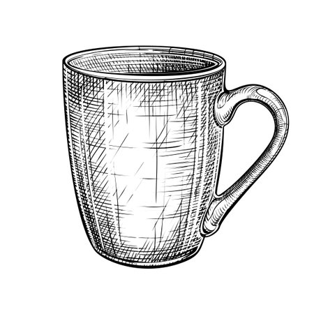 Vector hand drawn illustration of cup for tea or coffee in engraved style. Mug for hot drinks. Ceramic, glass, porcelain household kitchen utensils. Black and white sketch isolated on white backgroundのイラスト素材
