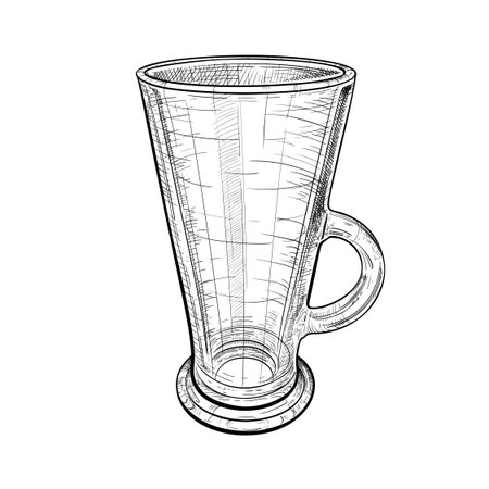 Black and white handdrawn sketch of a tall latte glass with handle. Vector illustration of a transparent mug for hot drinks, latte, Irish coffee, tea or mulled wine isolated on white backgroundのイラスト素材