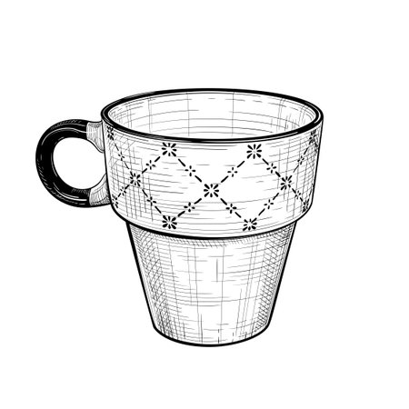 Vector hand drawn illustration of cup for tea or coffee in engraved style. Mug for hot drinks. Ceramic, glass, porcelain household kitchen utensils. Black and white sketch isolated on white backgroundのイラスト素材