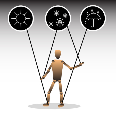 The image of a puppet with icons, symbolizing meteozavisimost. Vector illustrationのイラスト素材