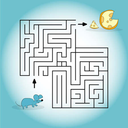 cartoon illustration depicting a mouse looking for a cheese in a maze. Vector graphics. Hand drawing.のイラスト素材