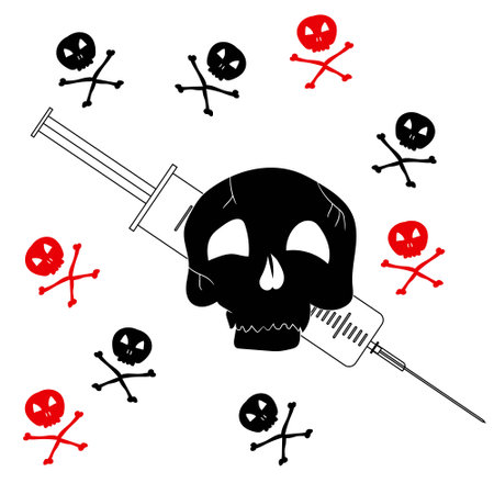 Pattern with the image of Jolly Roger with a syringe. Precaution from drugs. Vector illustration.のイラスト素材