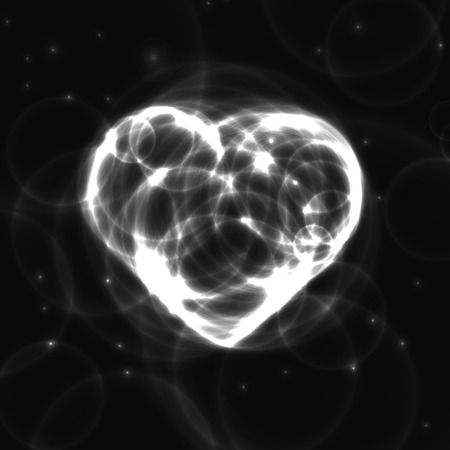 Black and white neon plasma laser heart on dark background. Laser white laser heart made from circles on dark background. Heart from bubbles under waterのイラスト素材