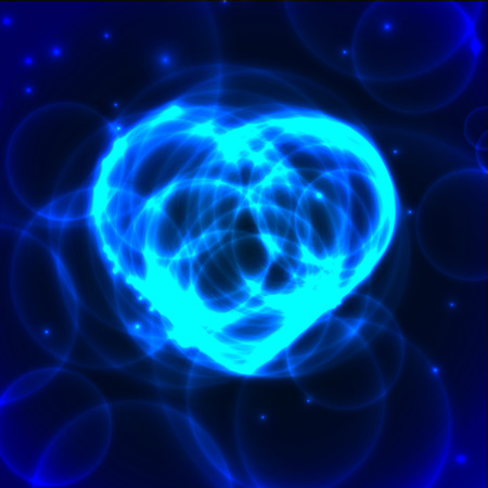 Blue neon plasma laser heart on dark background. Neon blue laser heart made from circles on dark background. Heart from bubbles under waterのイラスト素材