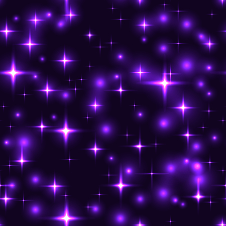 Superb purple stars dark seamless background. Gorgeous glittering seamless background with violet stars and blurs. Neon lilac star firework on sky - seamless pattern. violet lights for xmas or new year eve.のイラスト素材