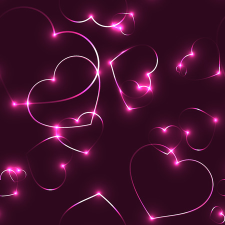 Very dark seamless pattern with hot neon pink laser shining hearts on black background - romantic valentine love themeのイラスト素材