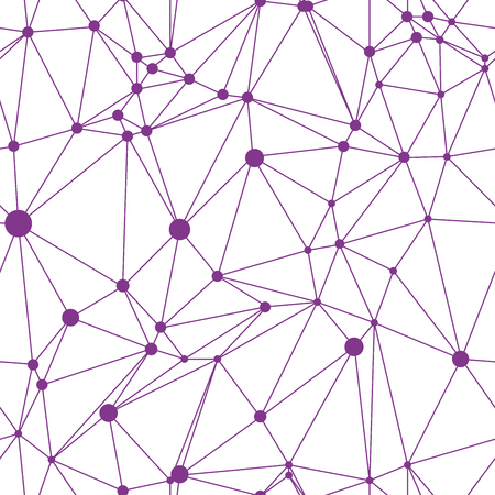 White seamless pattern with purple points and connections. White and violet modern low polygonal background. White triangles with purple outline and white small point on interconnectのイラスト素材