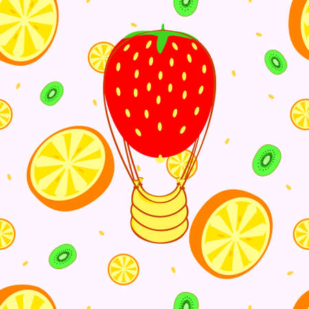 Transport colourful vector seamless pattern with fruits and balloon.