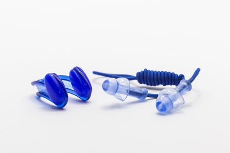 Nose clip and ear plugs for swimming pool on white background. Sport equipment, blue