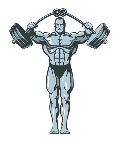 Muscle bodybuilder man lifting heavy barbell with knot. Vector illustration.のイラスト素材