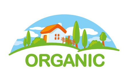 Organic farming illustration, farm house, trees, field and blue sky logo templateのイラスト素材