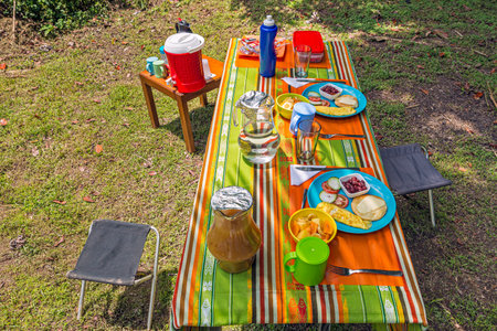Camping stools and picnic table in the forest camping site with fresh water, juice, vegetables, fruit salad, beans, omelet and toastの写真素材