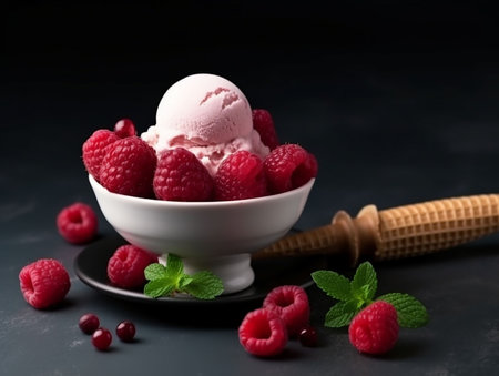 ceramic cup with fruit ice cream on dark backgroundの素材