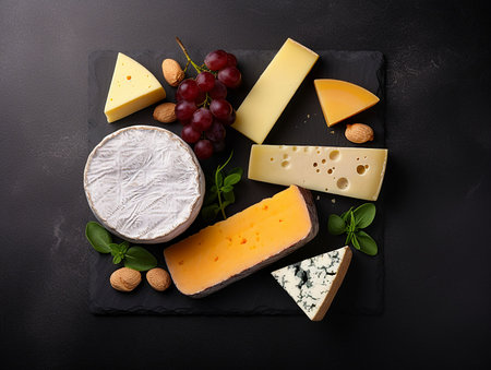 cheese in assortment with grapes on a black backgroundの素材