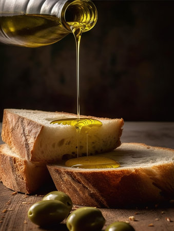 Original organic oil drops on organic bread. nature concept. healthy and natural food. generative aiの素材
