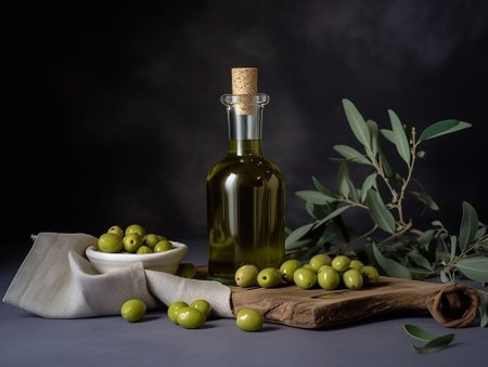live oil with olives and leaves on a table with a dark background. ai generativeの素材