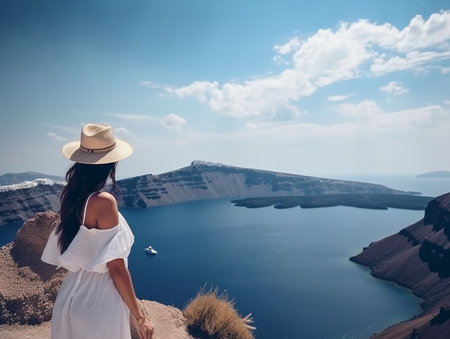 young woman in greece from balcony looks at landscapeの素材