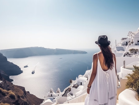 young woman in greece from balcony looks at landscapeの素材