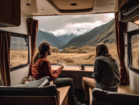 two people sitting in motorhomeの素材