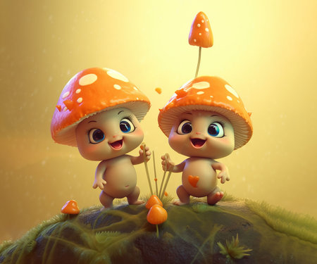 two friends cute and funny baby mushrooms. cartoon styleの素材