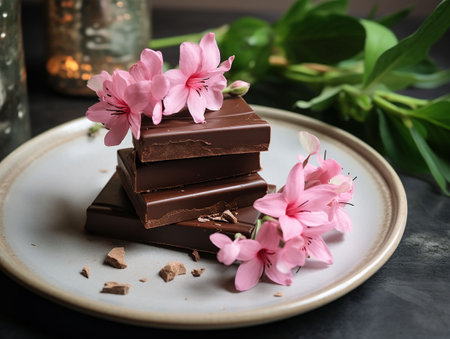 chocolate cake decorated with flowers on a dark backgroundの素材