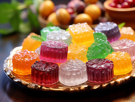 colored jelly candies in plateの素材