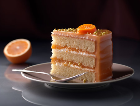 orange cake decorated with fruit on a dark backgroundの素材