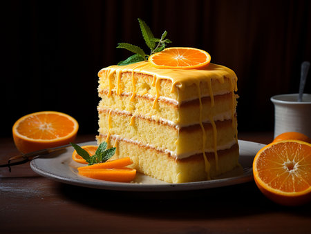 orange cake decorated with fruit on a dark backgroundの素材