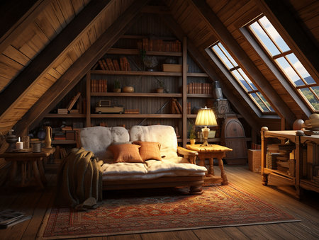 interior of a cozy attic with a modern and elegant design.の素材