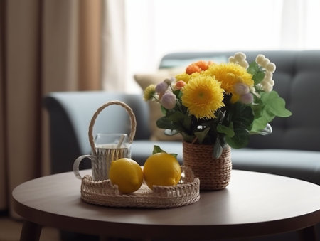 corner of a living room with sofa and coffee tableの素材