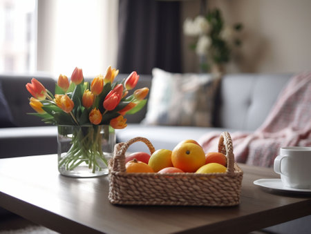 corner of a living room with sofa and coffee tableの素材