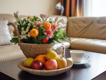 corner of a living room with sofa and coffee tableの素材